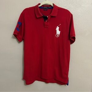 Ralph Lauren Red Polo with White big Pony and Blue Sleeve Detail